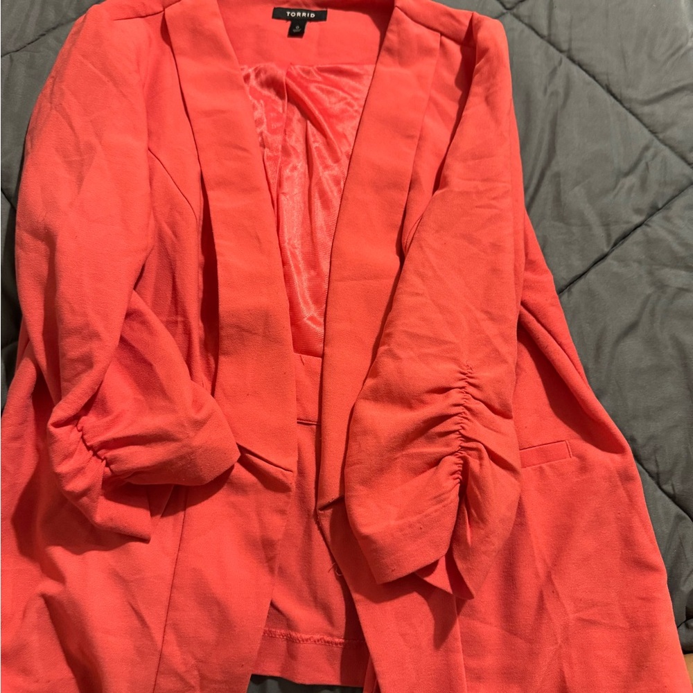 Torrid Coral Blazer with Ruched Sleeves